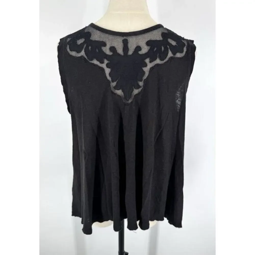 free people‎ tank top small Flowy Linen Cotton Lace Boho Shirt Crop Black Cute